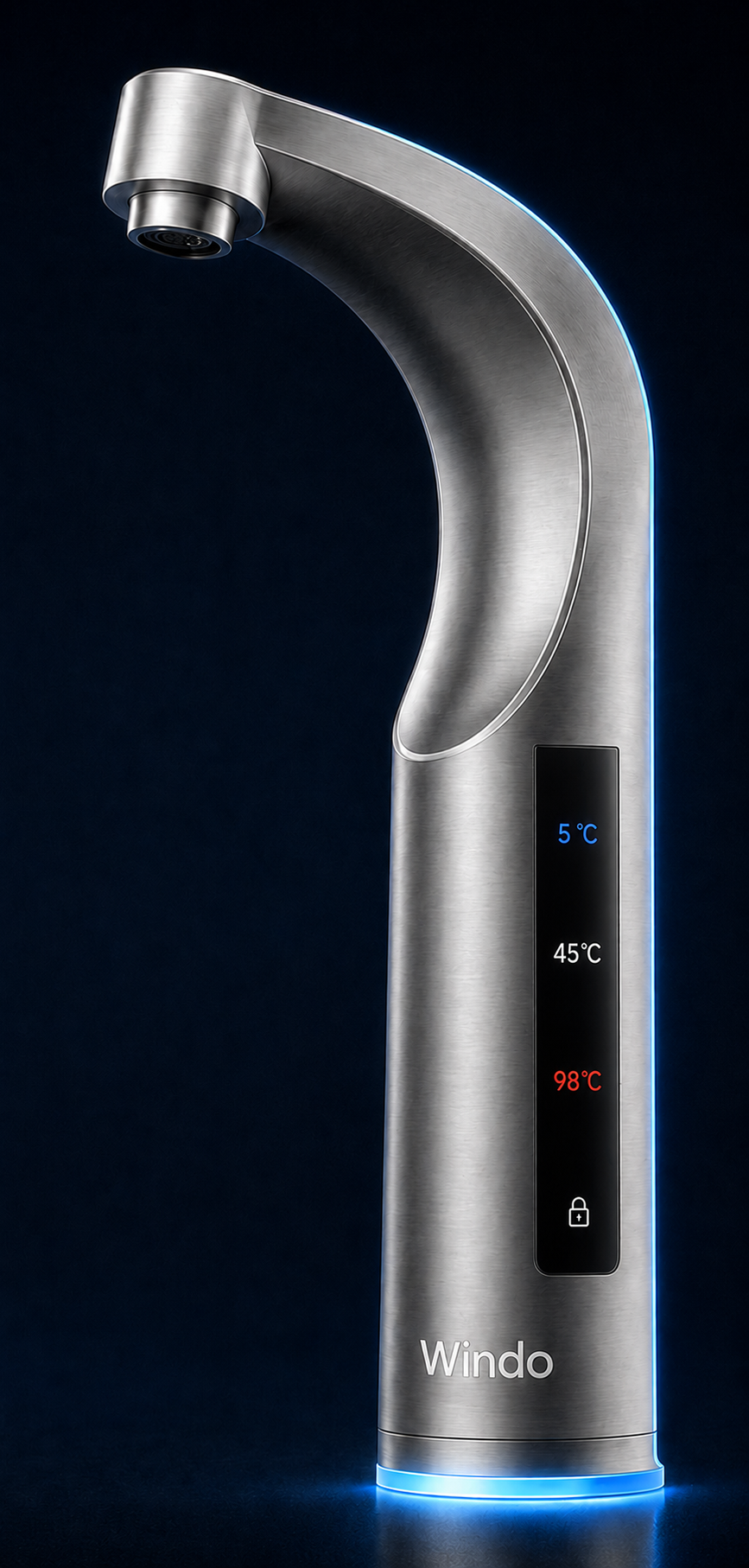 Brushed-silver Windo three-temperature faucet with side touchscreen and blue LED base